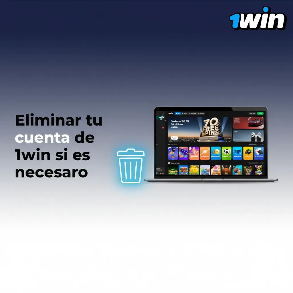 Pantalla de 1win con opción Cierre de cuenta, retirar saldo y confirmar la baja por correo.