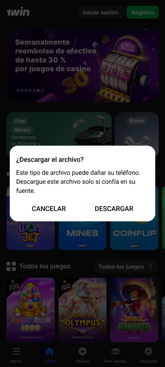 Acepta la descarga del archivo APK de 1win.