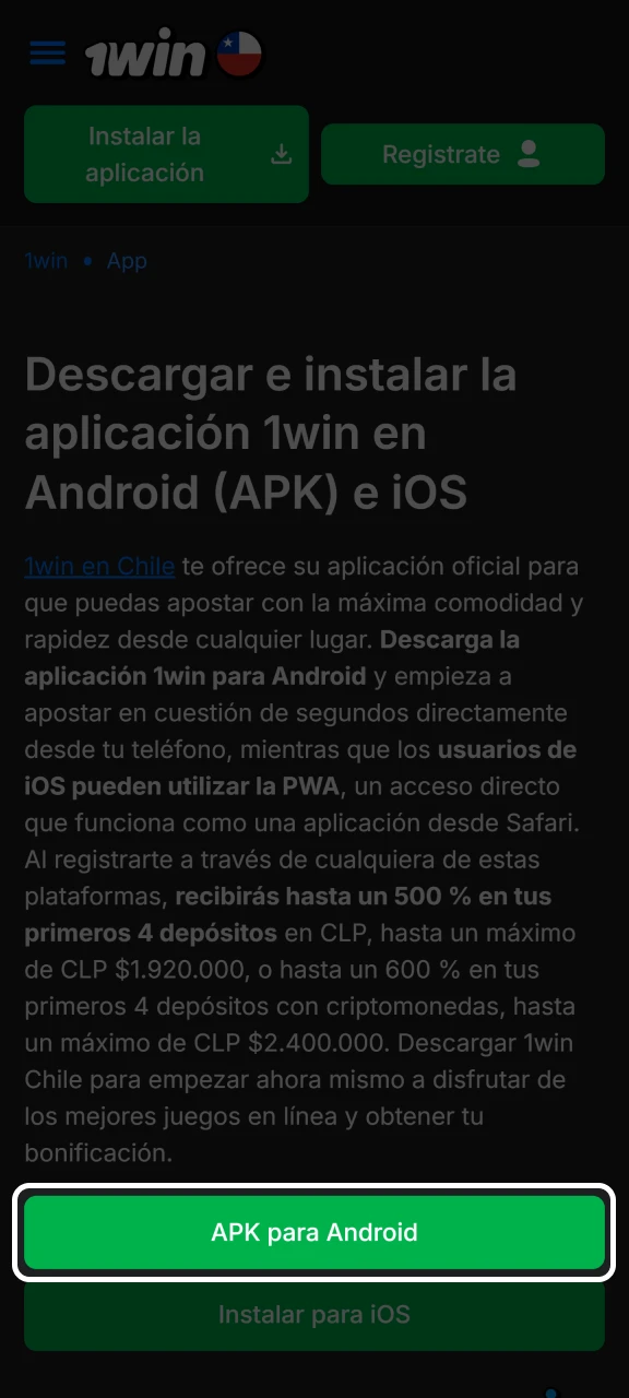 Haga clic en Descargar el APK de 1win para obtener el archivo.