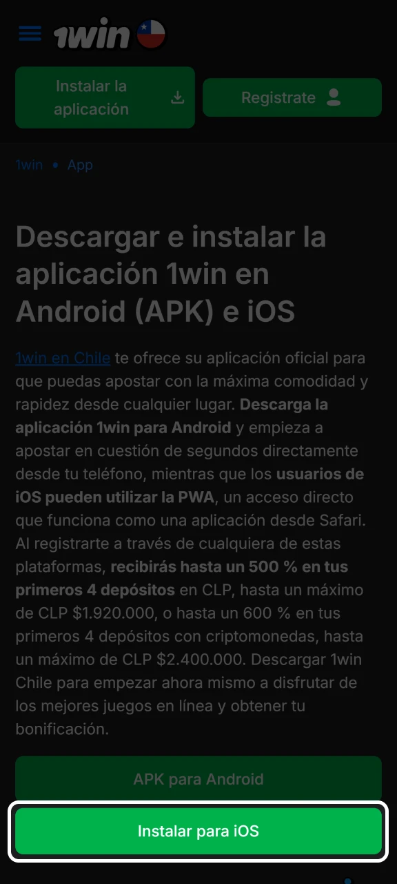 Haga clic en el botón iOS para descargar 1win en su dispositivo iOS.
