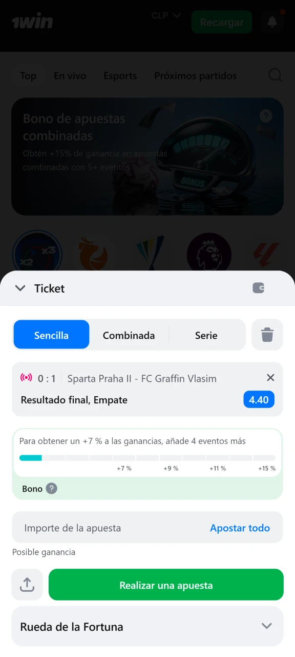 Añade tu apuesta al boleto de apuestas en 1win.