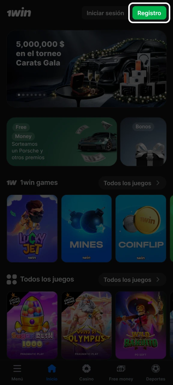 Abre el registro para crear una cuenta 1win.