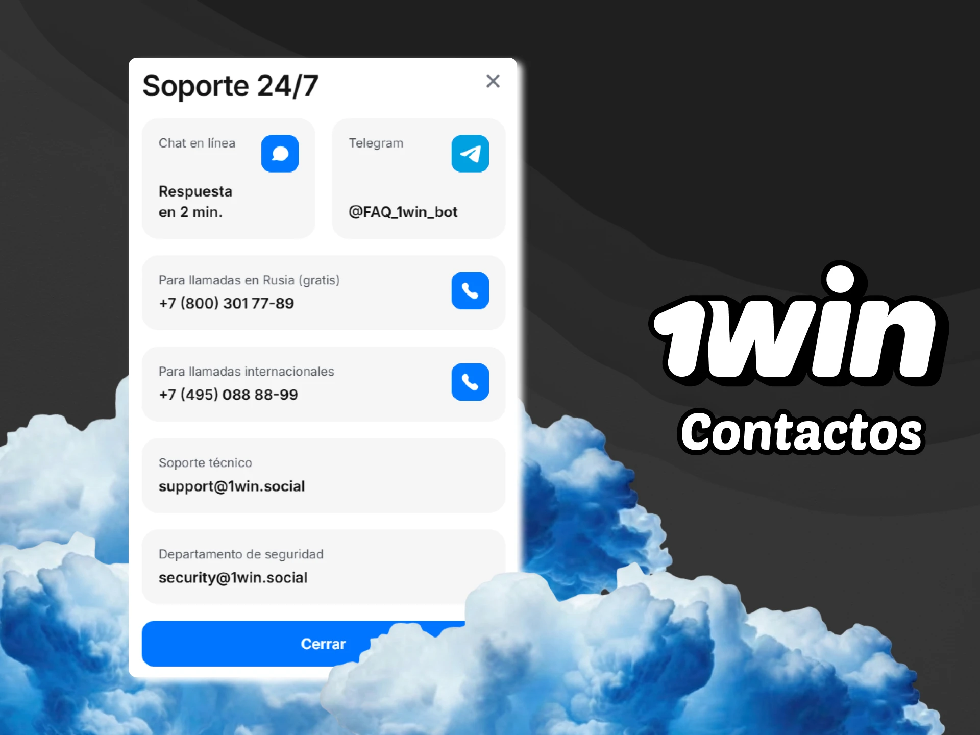 Si tienes algún problema, ponte en contacto con el servicio de asistencia de 1win.