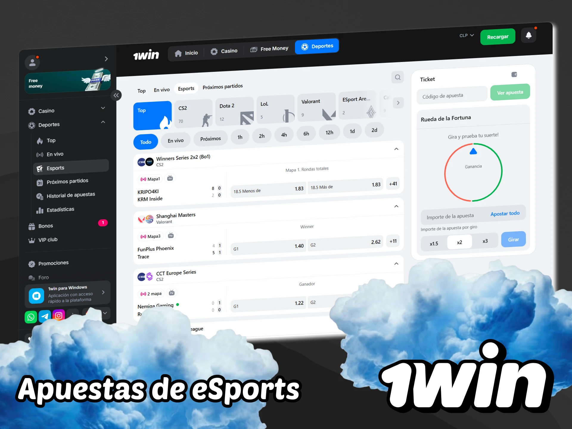 Encuentra la sección de eSports en 1win y haz tus apuestas.