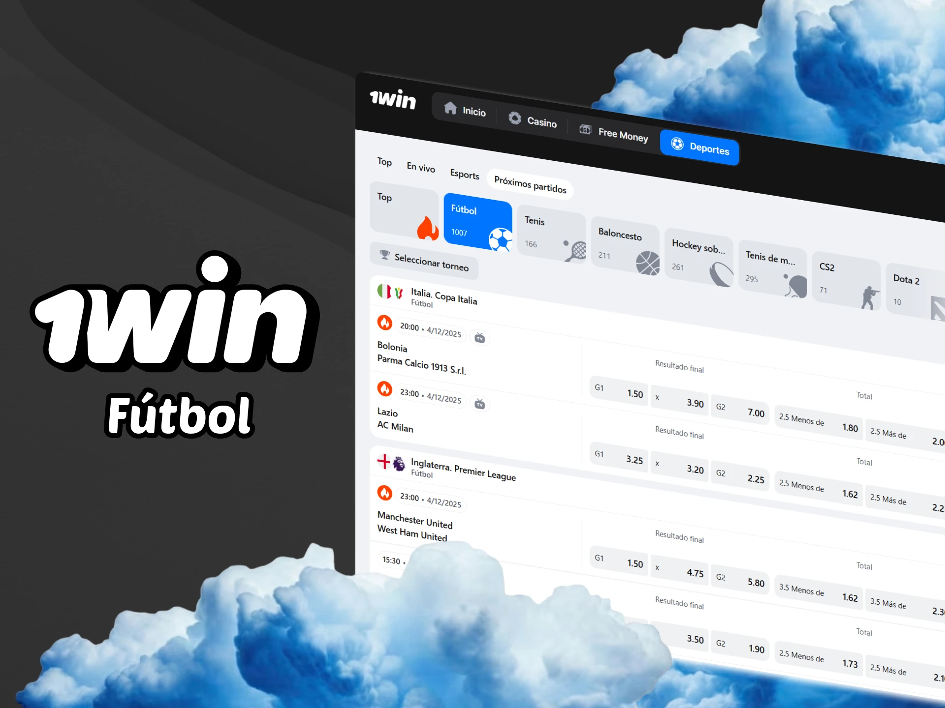 Selecciona un partido de fútbol en el que quieras apostar en la casa de apuestas 1win.