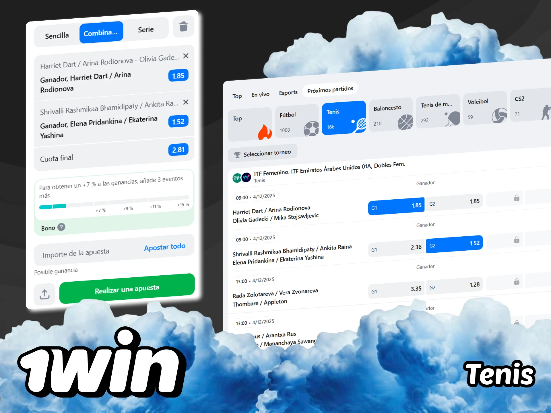 Realice apuestas en partidos de tenis en la casa de apuestas 1win.