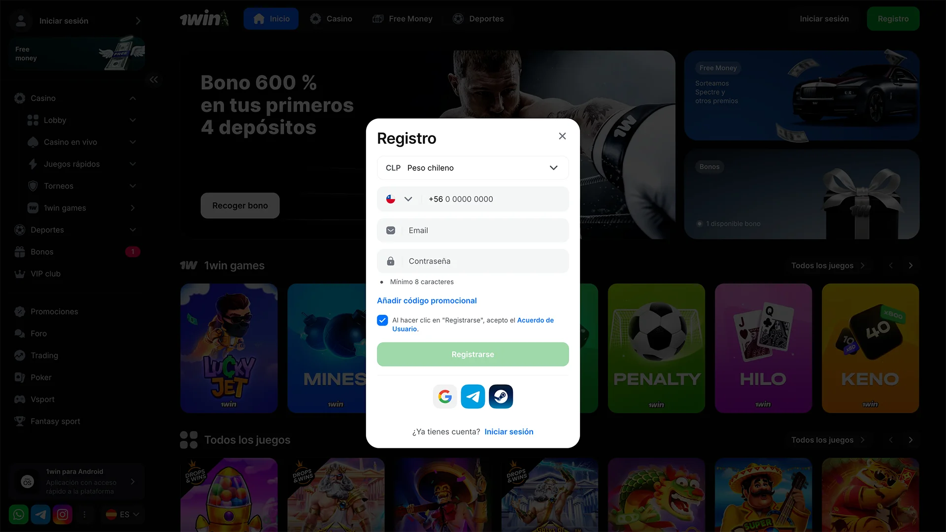 Formulario de registro en el sitio web del casino 1win.