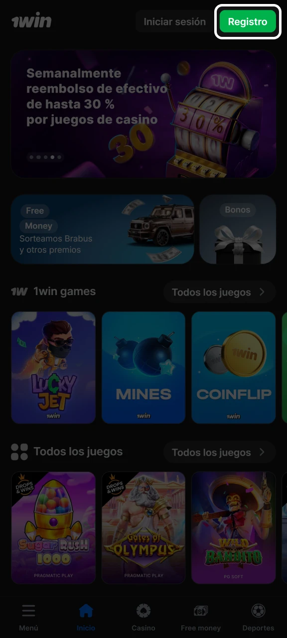 Haga clic en el botón Registro en el sitio web de 1win.