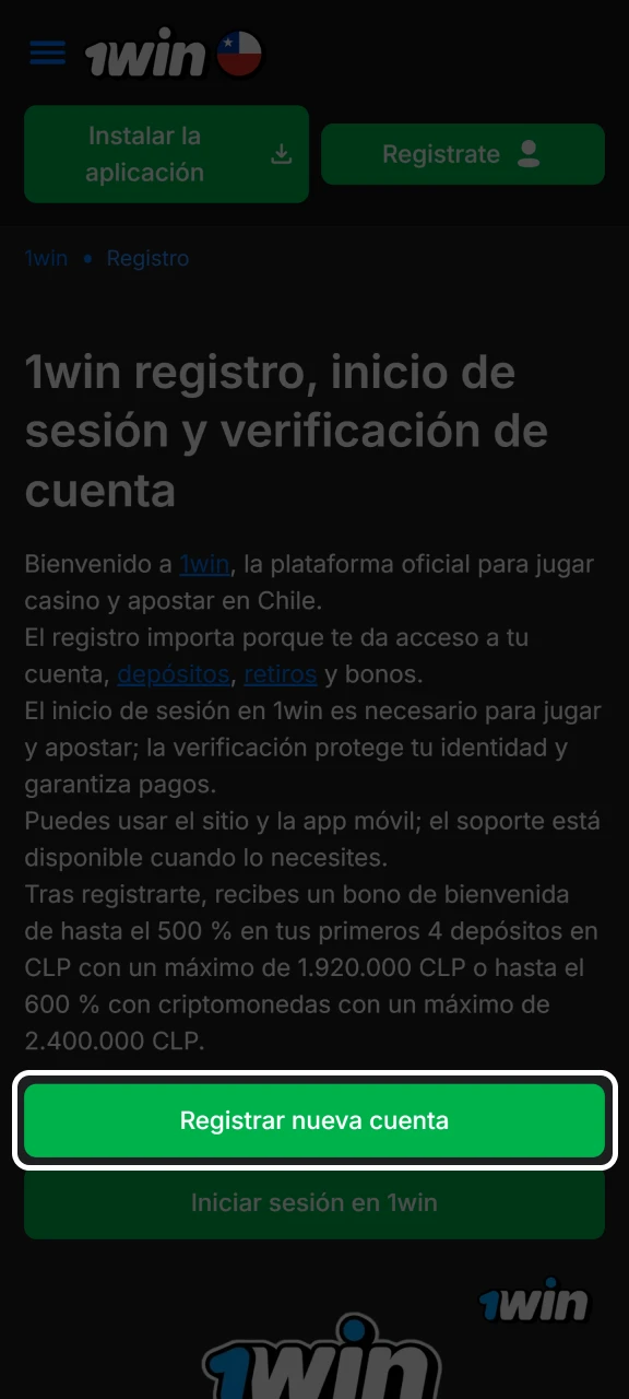 Abre el formulario de registro de 1win haciendo clic en el botón Registrarse.