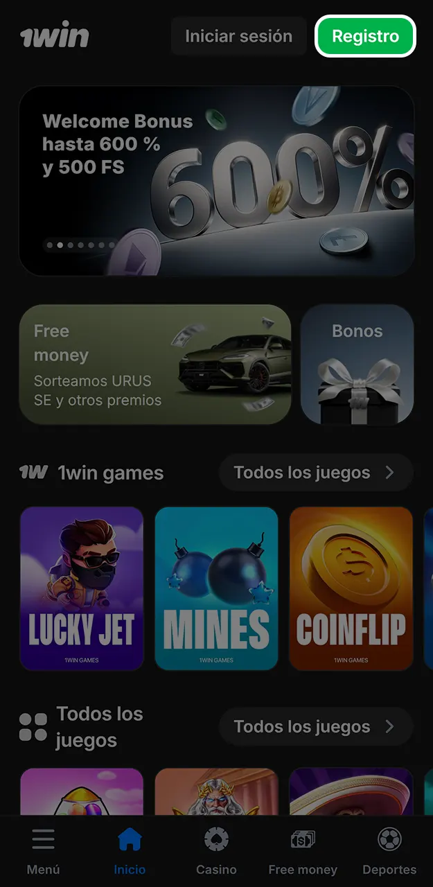 Rellena tus datos en el formulario de inscripción para jugar a Mines en 1win.